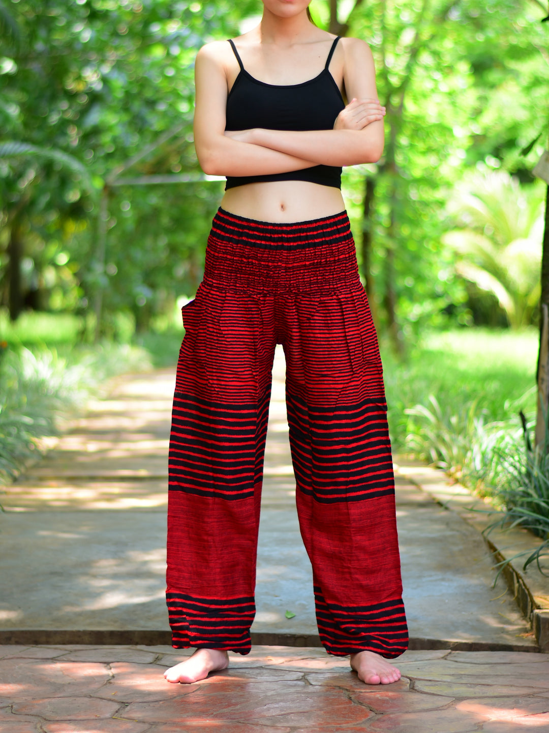 Bohotusk Red Patch Stripe Elasticated Smocked Waist Womens Harem Pants