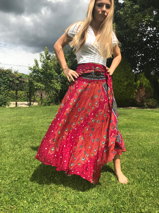 Bohotusk Burnt Red Peacock Long Skirt With Coconut Buckle (& Strapless Dress) S/M to L/XL