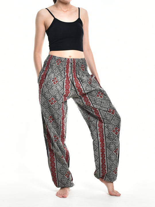 Bohotusk Womens Autumn Grey Cross Stripe Print Cotton Harem Pants S/M to 3XL