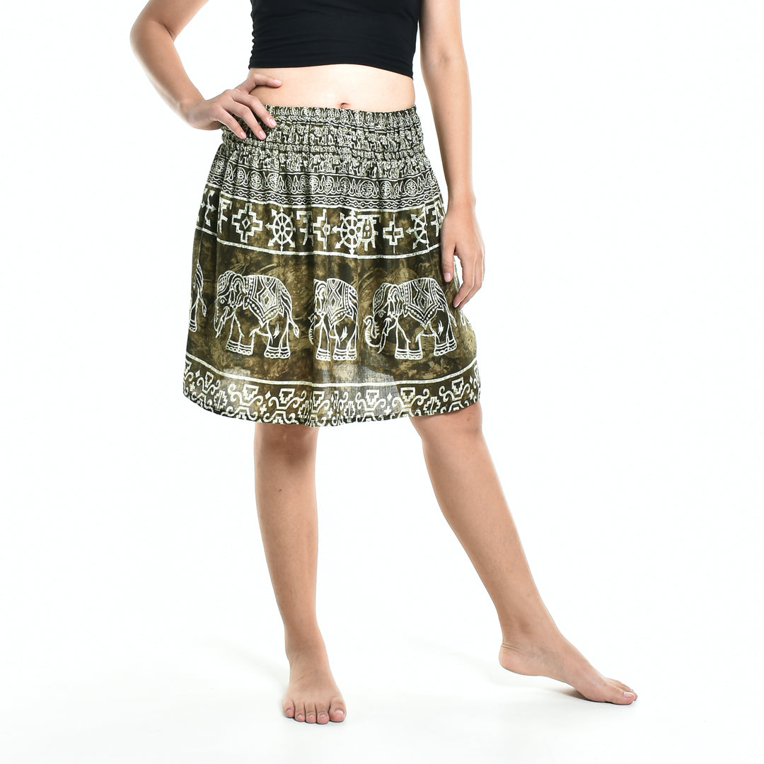 Bohotusk Olive Green Amboseli Elephant Print Short Skirt SM to LXL