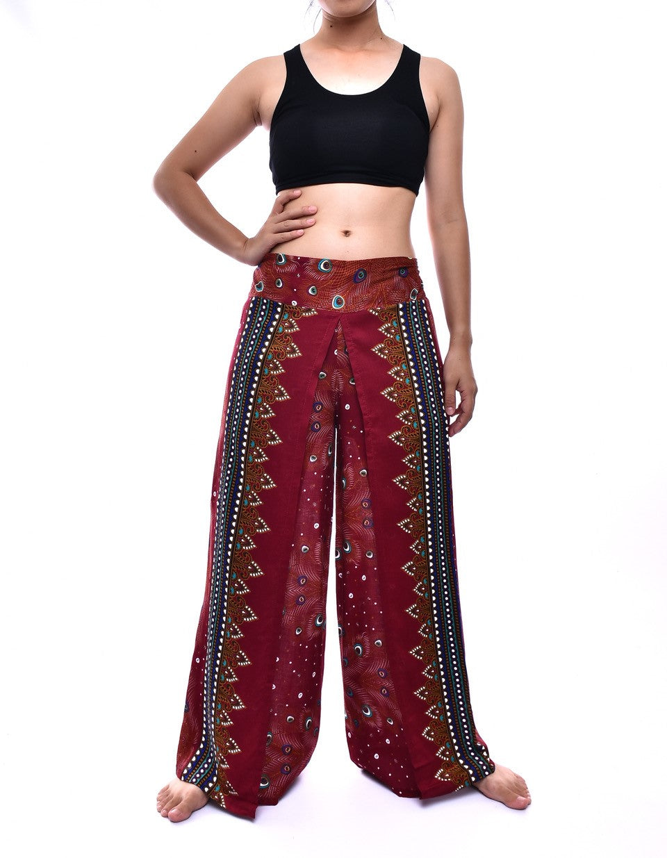 Bohotusk Red Peacock Womens Palazzo Trousers Small (UK 8-10)