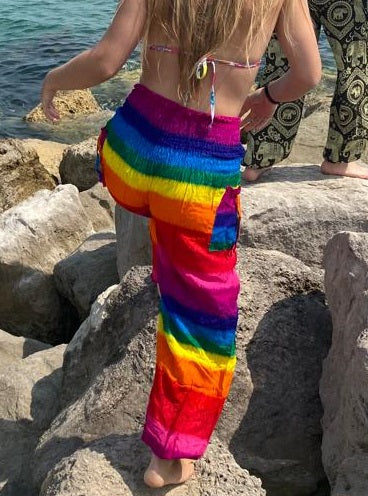 Bohotusk Rainbow Pride Stripe Elasticated Smocked Waist Womens Harem Pants S/M - 3XL