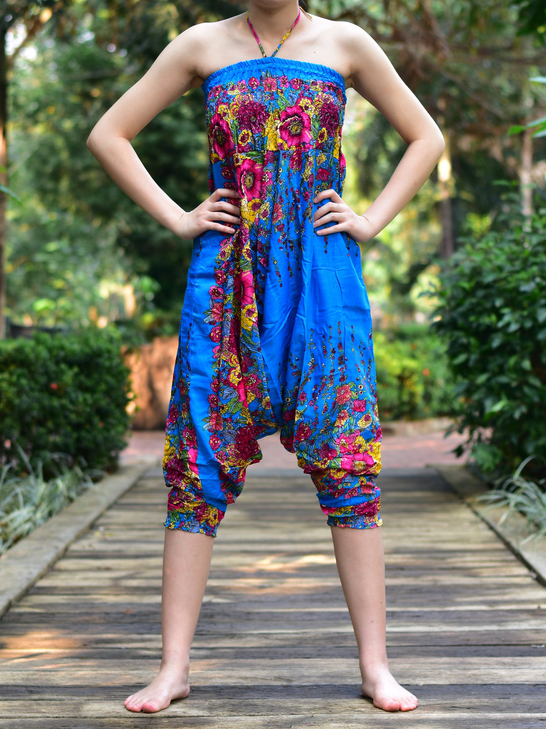 Bohotusk Light Blue Floral Low Crotch Harem Pants Womens Elasticated Smocked Waist S/M Only