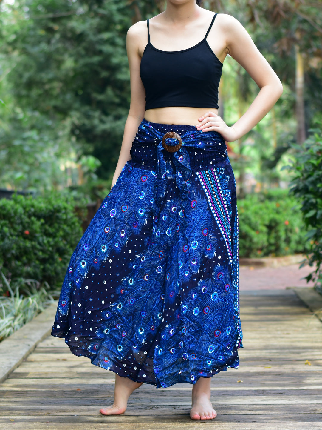 Bohotusk Blue Peacock Long Skirt With Coconut Buckle (& Strapless Dress) S/M to 3XL