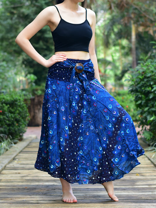 Bohotusk Blue Peacock Long Skirt With Coconut Buckle (& Strapless Dress) S/M to 3XL