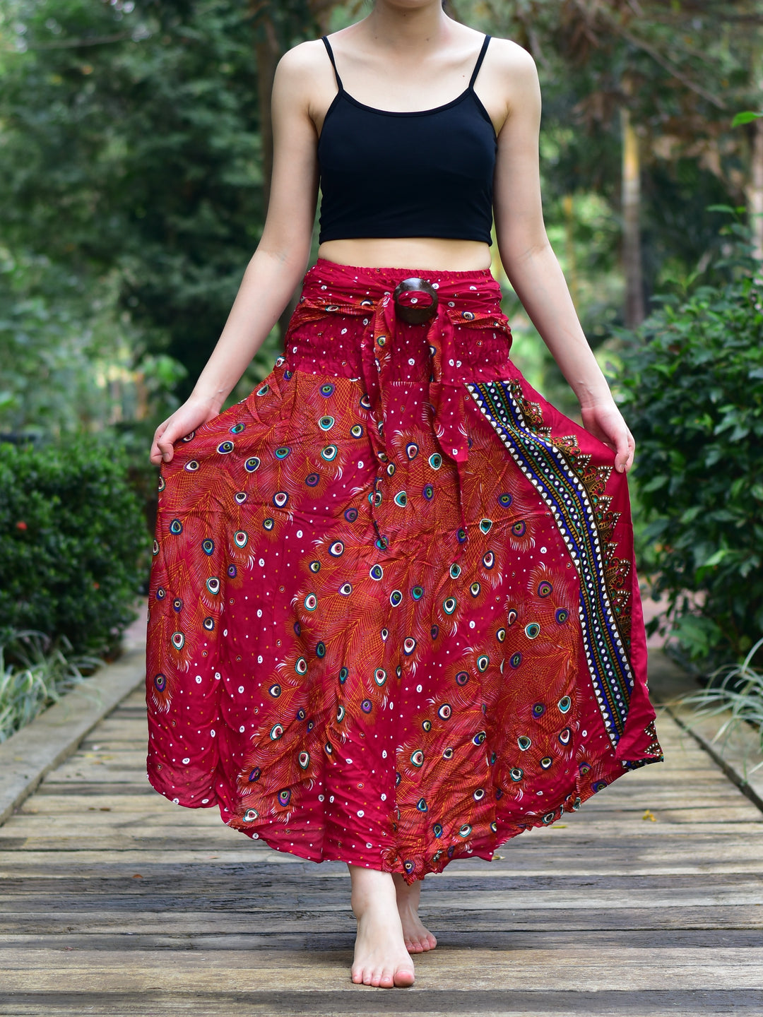 Bohotusk Burnt Red Peacock Long Skirt With Coconut Buckle (& Strapless Dress) S/M to L/XL