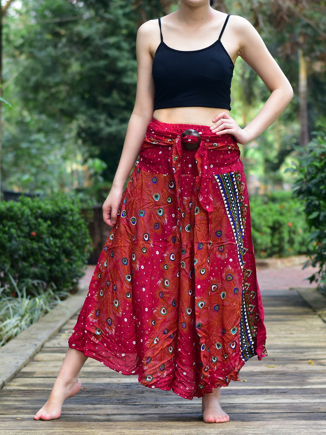 Bohotusk Burnt Red Peacock Long Skirt With Coconut Buckle (& Strapless Dress) S/M to L/XL