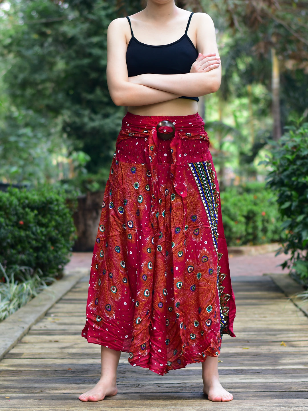 Bohotusk Burnt Red Peacock Long Skirt With Coconut Buckle (& Strapless Dress) S/M to L/XL