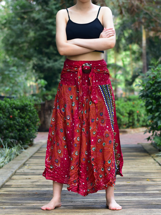 Bohotusk Burnt Red Peacock Long Skirt With Coconut Buckle (& Strapless Dress) S/M to L/XL