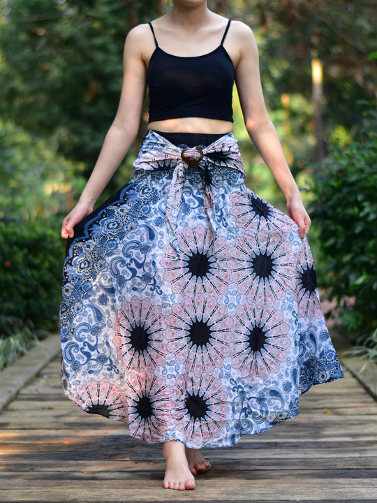 Bohotusk White Pink Ink Splash Long Skirt With Coconut Buckle (& Strapless Dress) S/M to L/XL