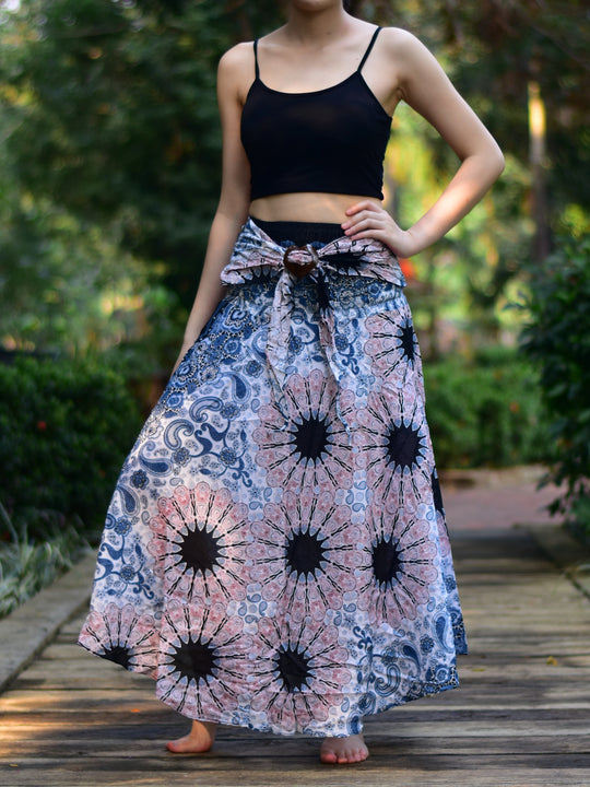 Bohotusk White Pink Ink Splash Long Skirt With Coconut Buckle (& Strapless Dress) S/M to L/XL