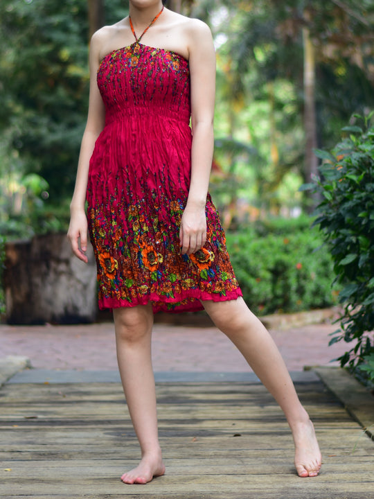 Bohotusk Dark Red Floral Print Short Mini Tube Dress With Tie Neck