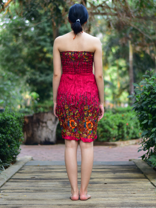 Bohotusk Dark Red Floral Print Short Mini Tube Dress With Tie Neck